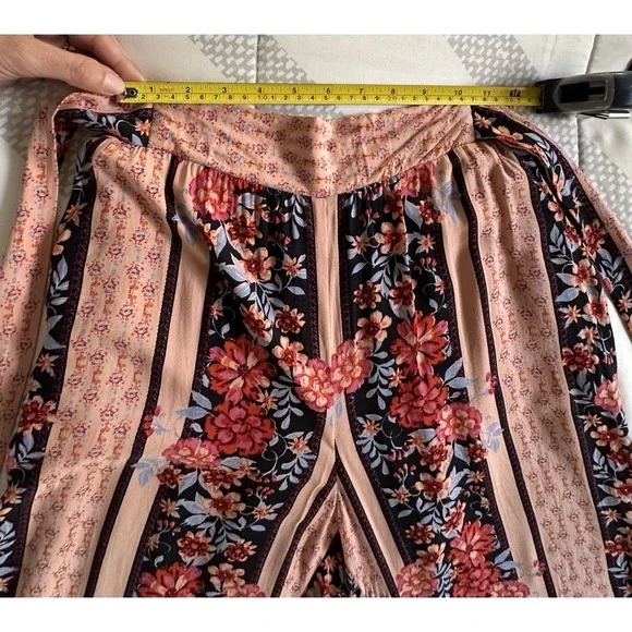 Blue Rain Floral Wide Leg Palazzo Pants Smocked Waist Pink Boho Size Small - Picture 3 of 10